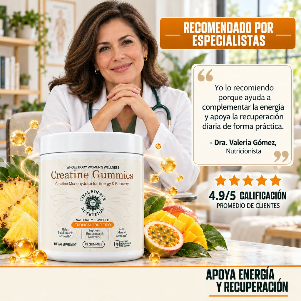 Creatina en Gomitas para Mujer - Más Fuerza, Energía y Recuperación en Cada Entrenamiento - Sabor Frutas Tropicales - 75 Gomitas