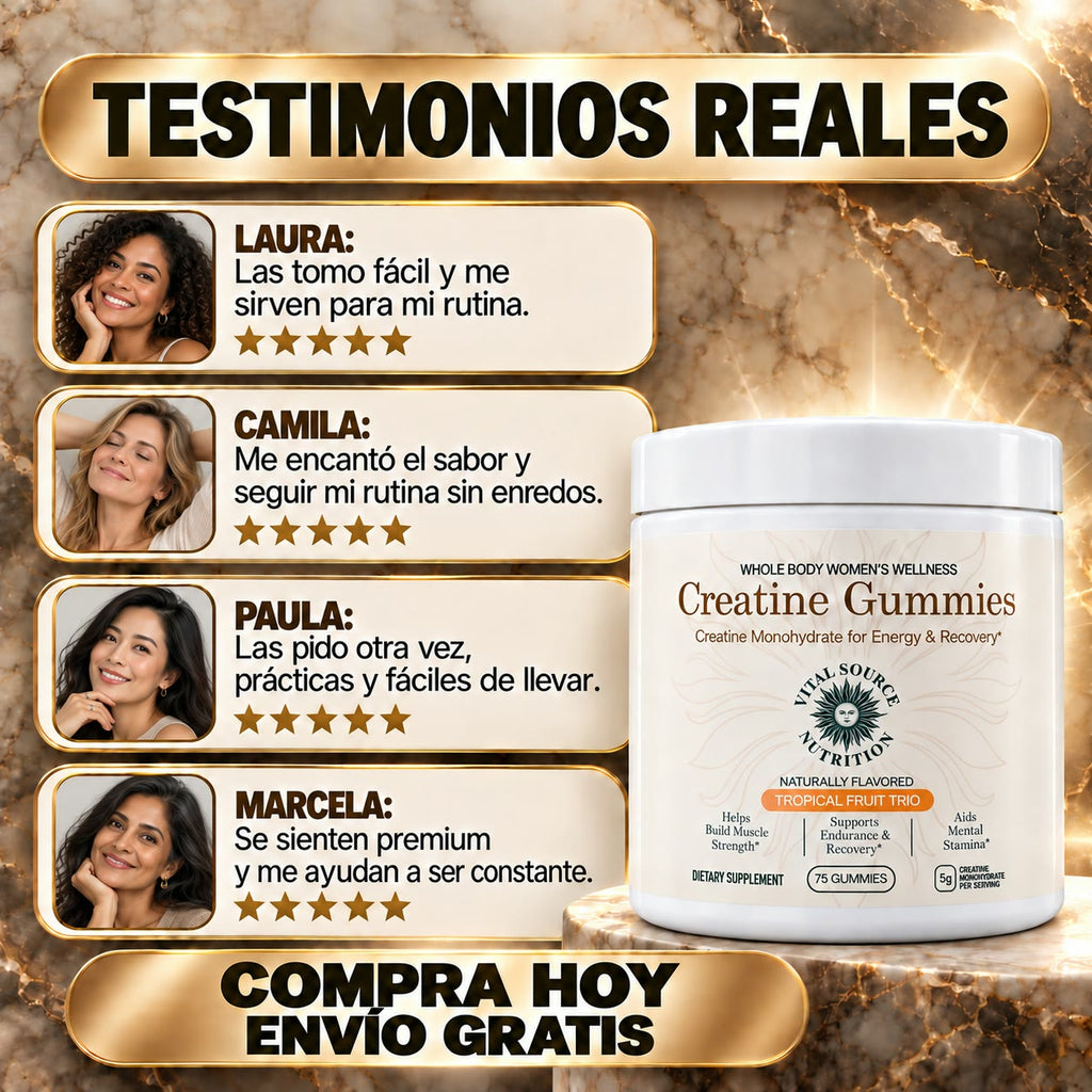 Creatina en Gomitas para Mujer - Más Fuerza, Energía y Recuperación en Cada Entrenamiento - Sabor Frutas Tropicales - 75 Gomitas