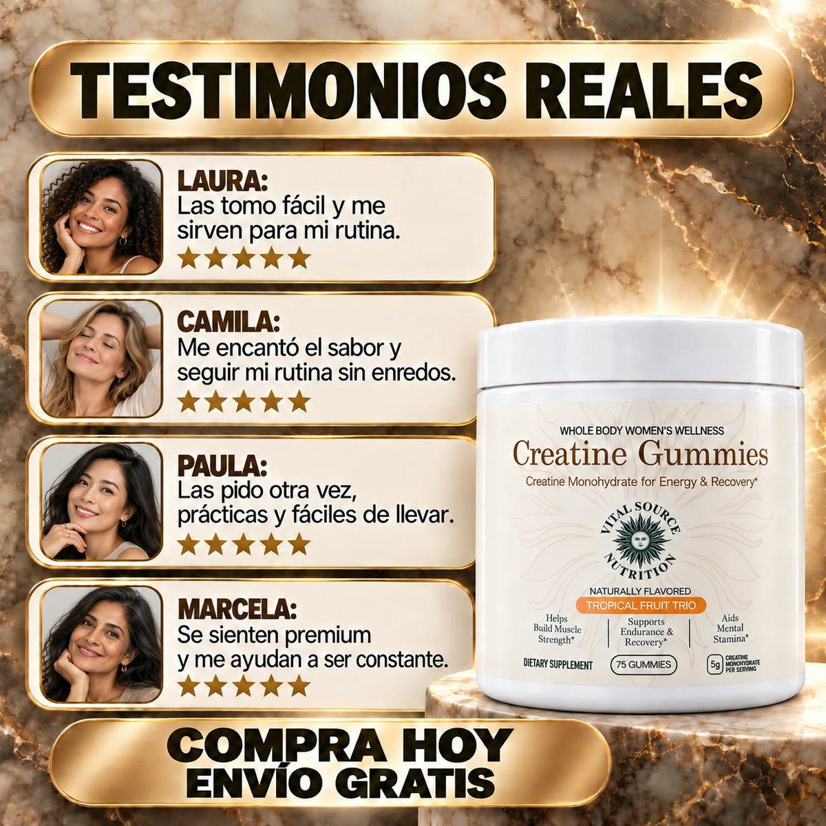Creatina en Gomitas para Mujer - Más Fuerza, Energía y Recuperación en Cada Entrenamiento - Sabor Frutas Tropicales - 75 Gomitas