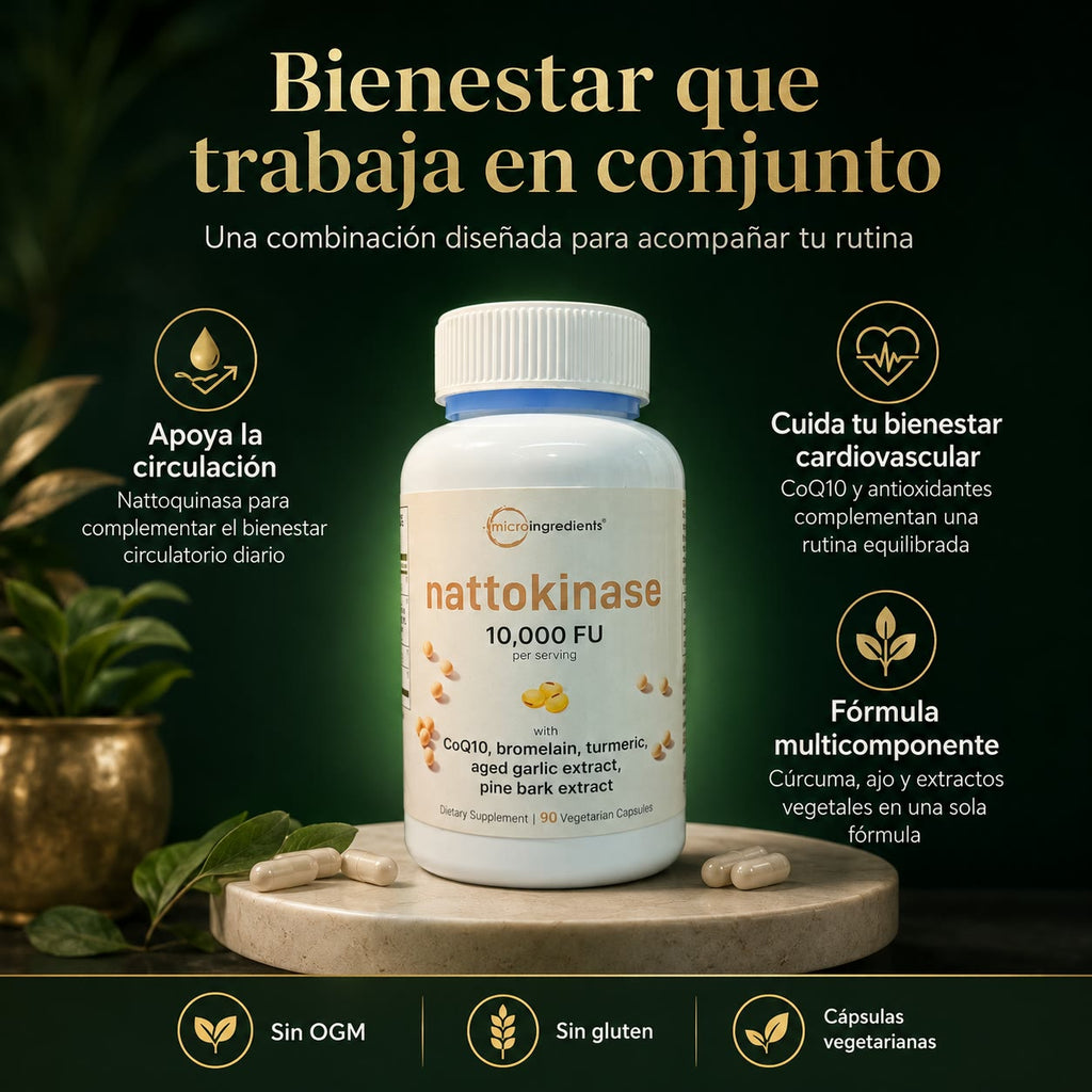 NATTOKINASE 10,000 FU - Apoyo Cardiovascular y Circulación Saludable con CoQ10, Cúrcuma y Ajo Envejecido - 90 Cápsulas