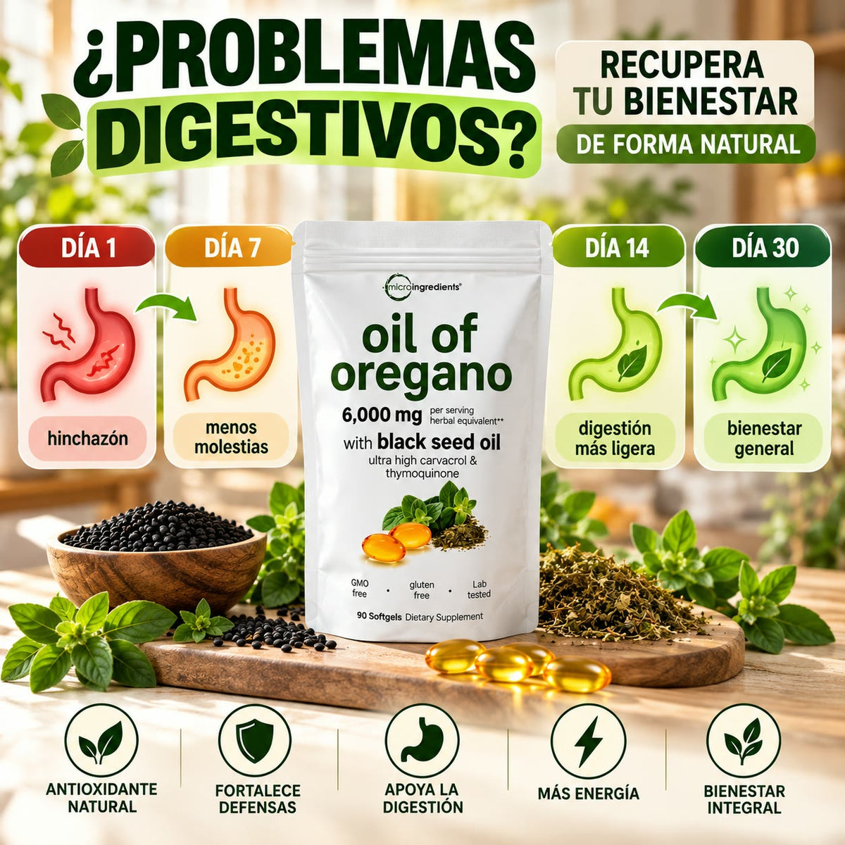 -Oil of Oregano Fórmula 2 en 1 - Hinchazón después de comer, antojos de dulce y cansancio, empieza a sentirte mejor hoy!!!