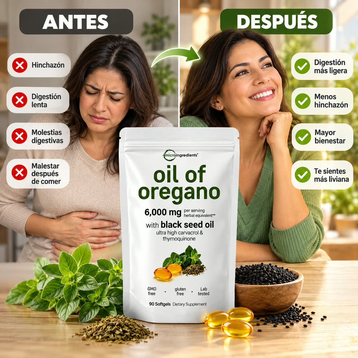 -Oil of Oregano Fórmula 2 en 1 - Hinchazón después de comer, antojos de dulce y cansancio, empieza a sentirte mejor hoy!!!
