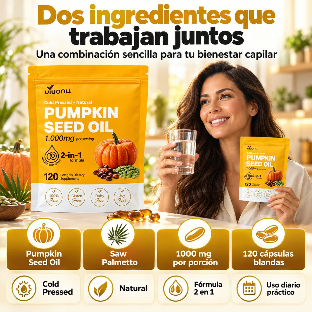 -Aceite de Semilla de Calabaza + Saw Palmetto - Apoyo Contra la Caída del Cabello - Nutre y Fortalece desde la Raíz - 120 Cápsulas Blandas