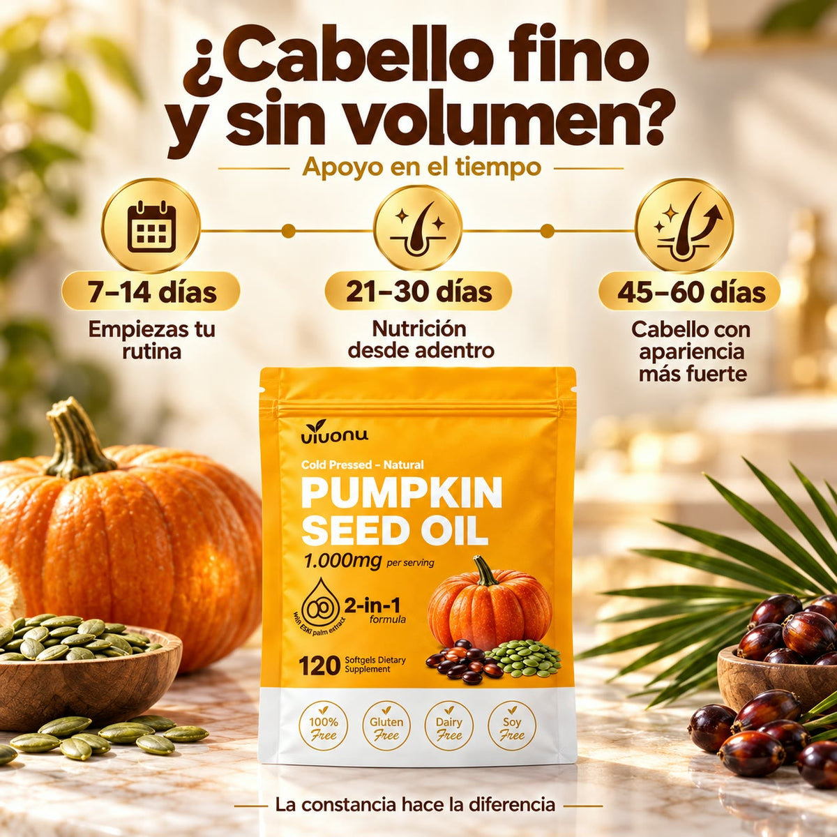 -Aceite de Semilla de Calabaza + Saw Palmetto - Apoyo Contra la Caída del Cabello - Nutre y Fortalece desde la Raíz - 120 Cápsulas Blandas