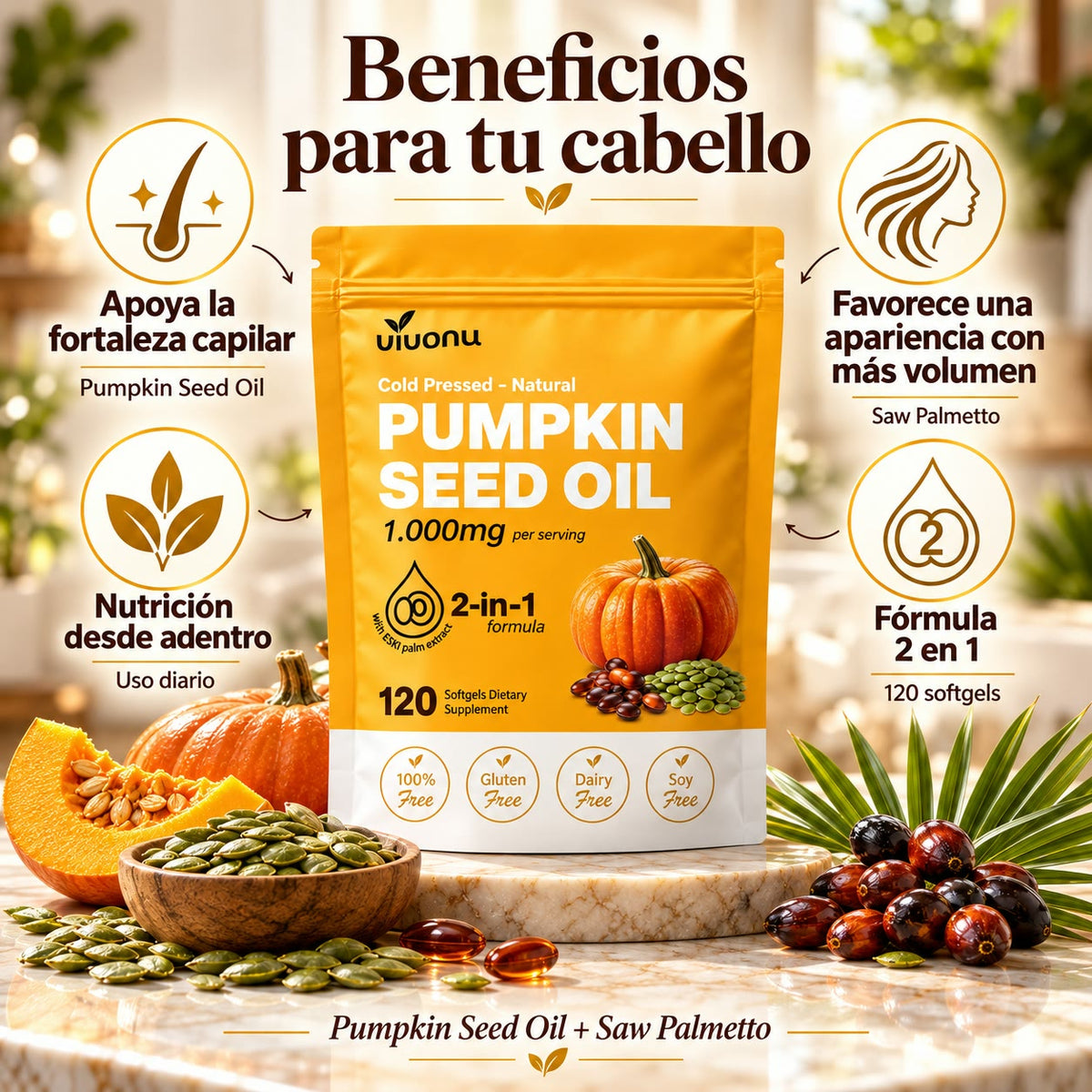 -Aceite de Semilla de Calabaza + Saw Palmetto - Apoyo Contra la Caída del Cabello - Nutre y Fortalece desde la Raíz - 120 Cápsulas Blandas