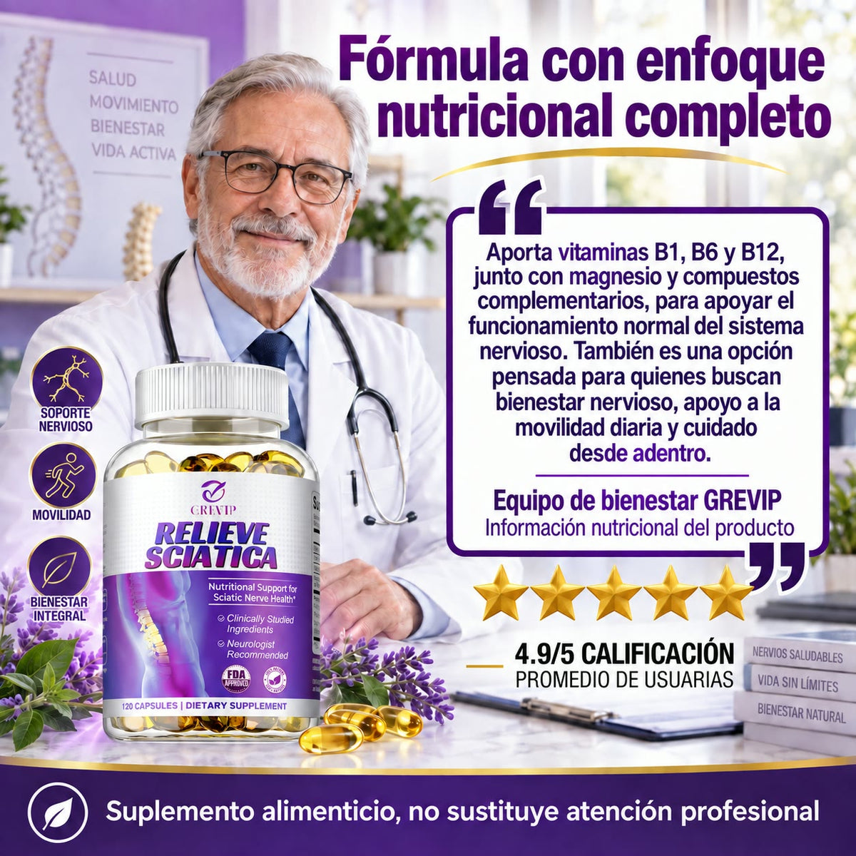 -Relieve Sciatica - Apoyo Nutricional para el Nervio Ciático y Alivio del Dolor Lumbar - Recomendado por Neurólogos, empieza hoy