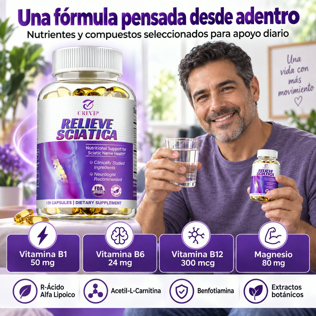 -Relieve Sciatica - Apoyo Nutricional para el Nervio Ciático y Alivio del Dolor Lumbar - Recomendado por Neurólogos, empieza hoy