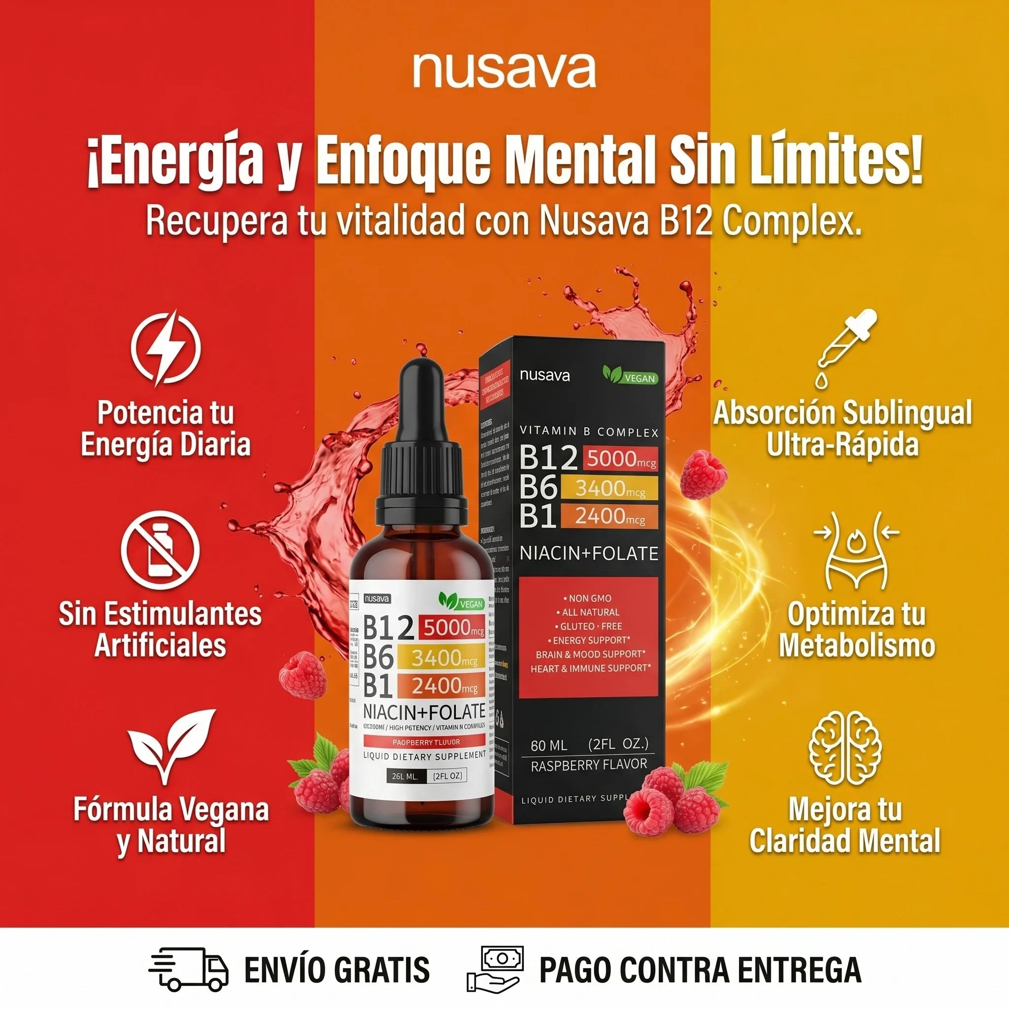 Nusava™ Vitamina B12 Complejo Líquido 5000 mcg Energía y enfoque rapido