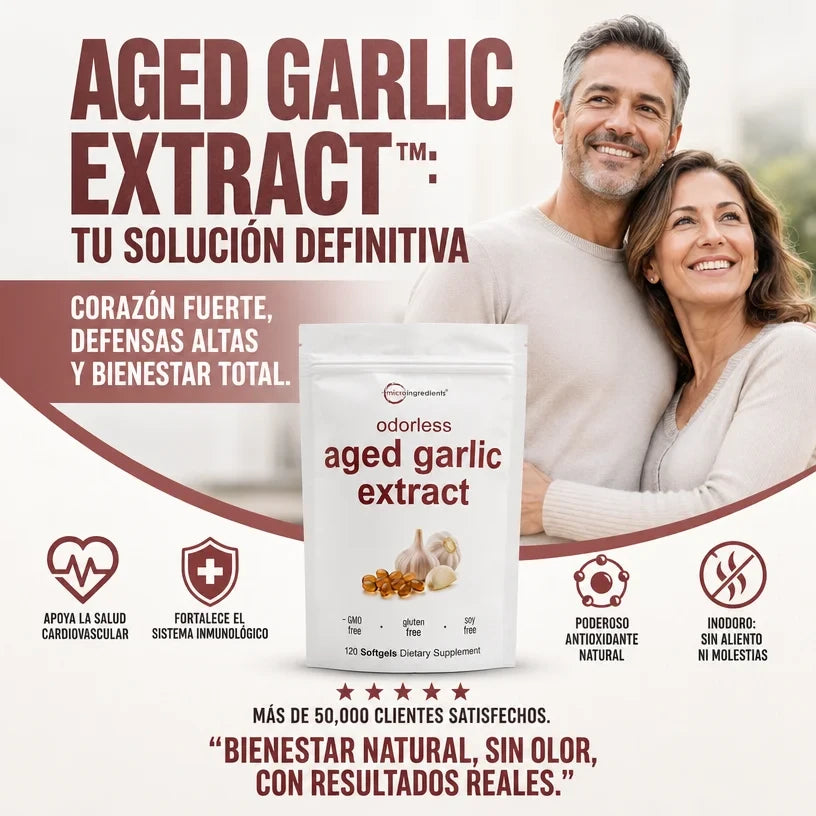 AGED GARLIC EXTRACT™ Extracto de Ajo Envejecido 24 Meses Sin Olor, Sin OMG y Sin Gluten, cuida tu corazon.
