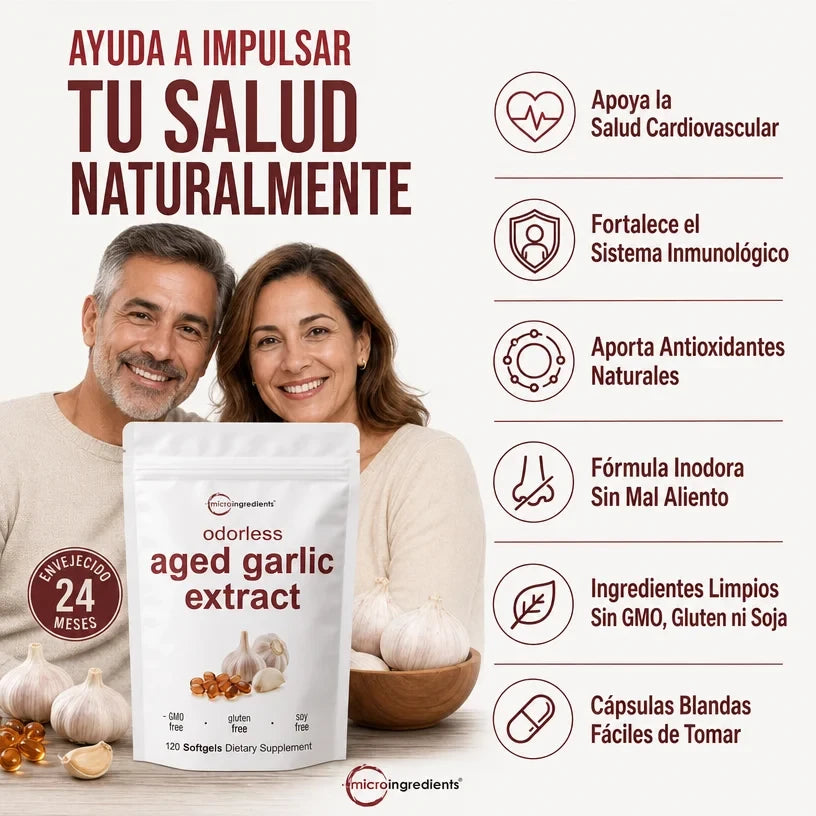 AGED GARLIC EXTRACT™ Extracto de Ajo Envejecido 24 Meses Sin Olor, Sin OMG y Sin Gluten, cuida tu corazon.