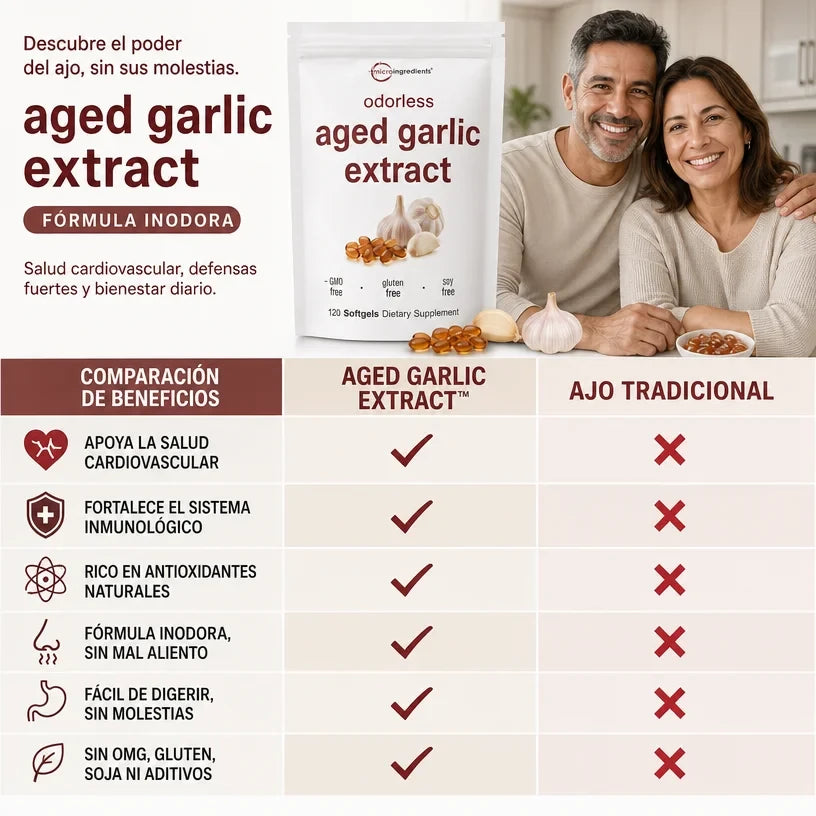 AGED GARLIC EXTRACT™ Extracto de Ajo Envejecido 24 Meses Sin Olor, Sin OMG y Sin Gluten, cuida tu corazon.