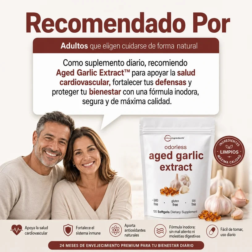 AGED GARLIC EXTRACT™ Extracto de Ajo Envejecido 24 Meses Sin Olor, Sin OMG y Sin Gluten, cuida tu corazon.