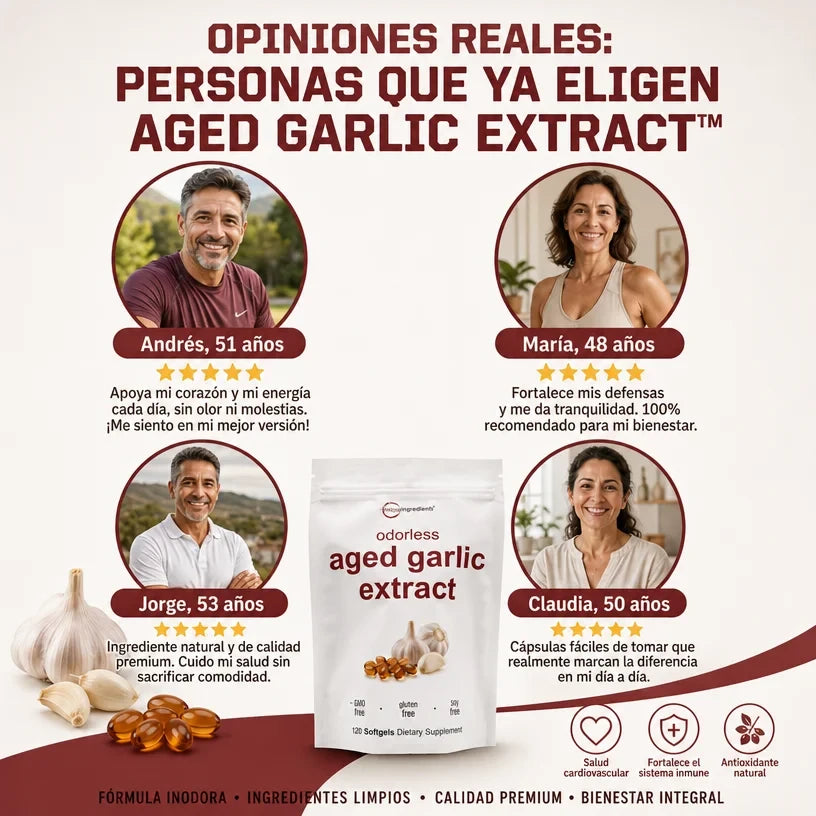AGED GARLIC EXTRACT™ Extracto de Ajo Envejecido 24 Meses Sin Olor, Sin OMG y Sin Gluten, cuida tu corazon.