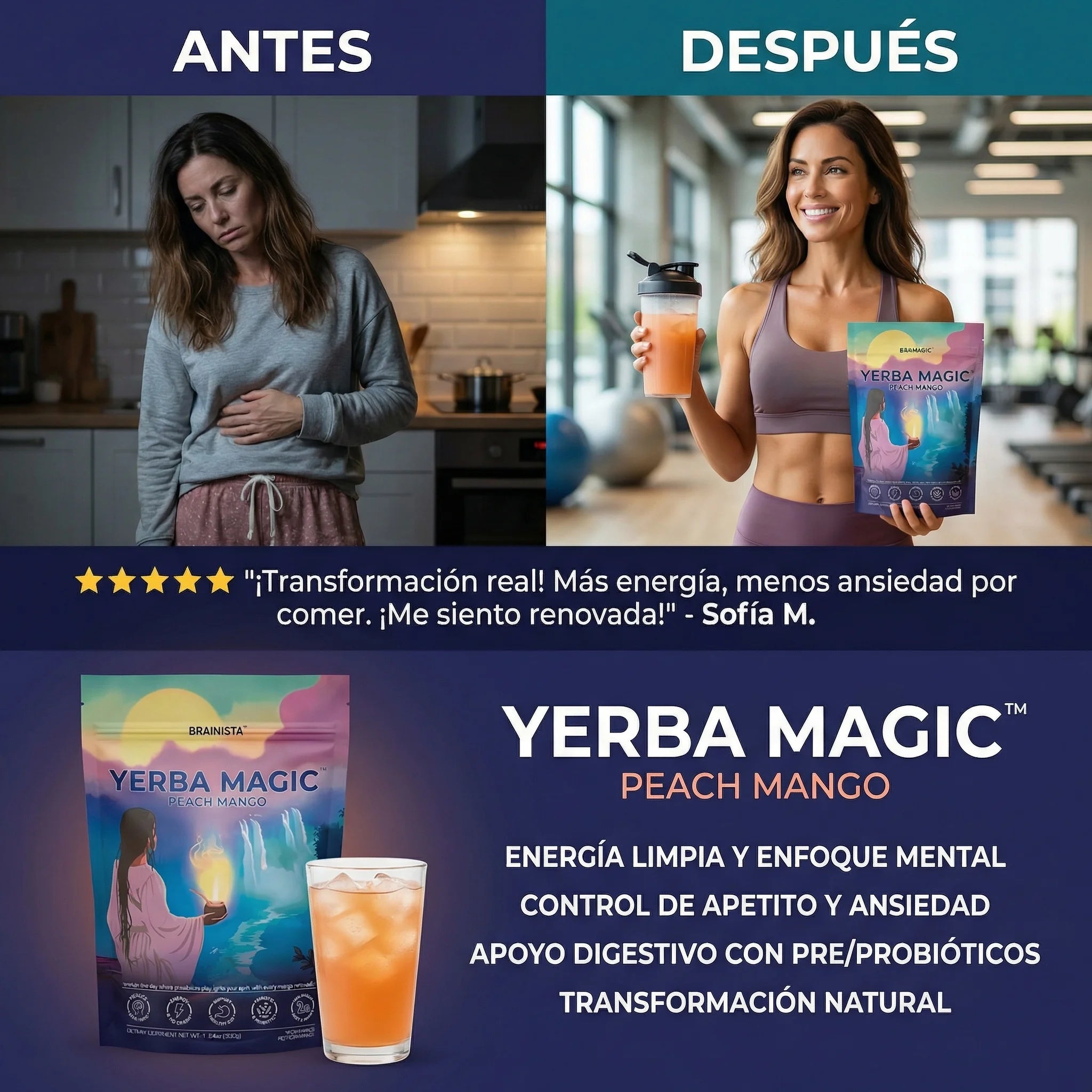 Yerba Magic Peach Mango Brainista™ Fórmula Natural para Mejorar la Digestión y Reducir la Hinchazón