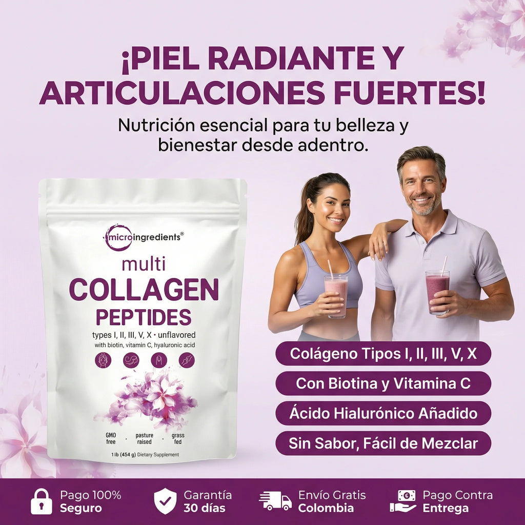 Multicolageno de Péptidos Microingredients® 1lb  Mezcla Avanzada de 5 Colágenos, Biotina, Vitamina C y Ácido Hialurónico
