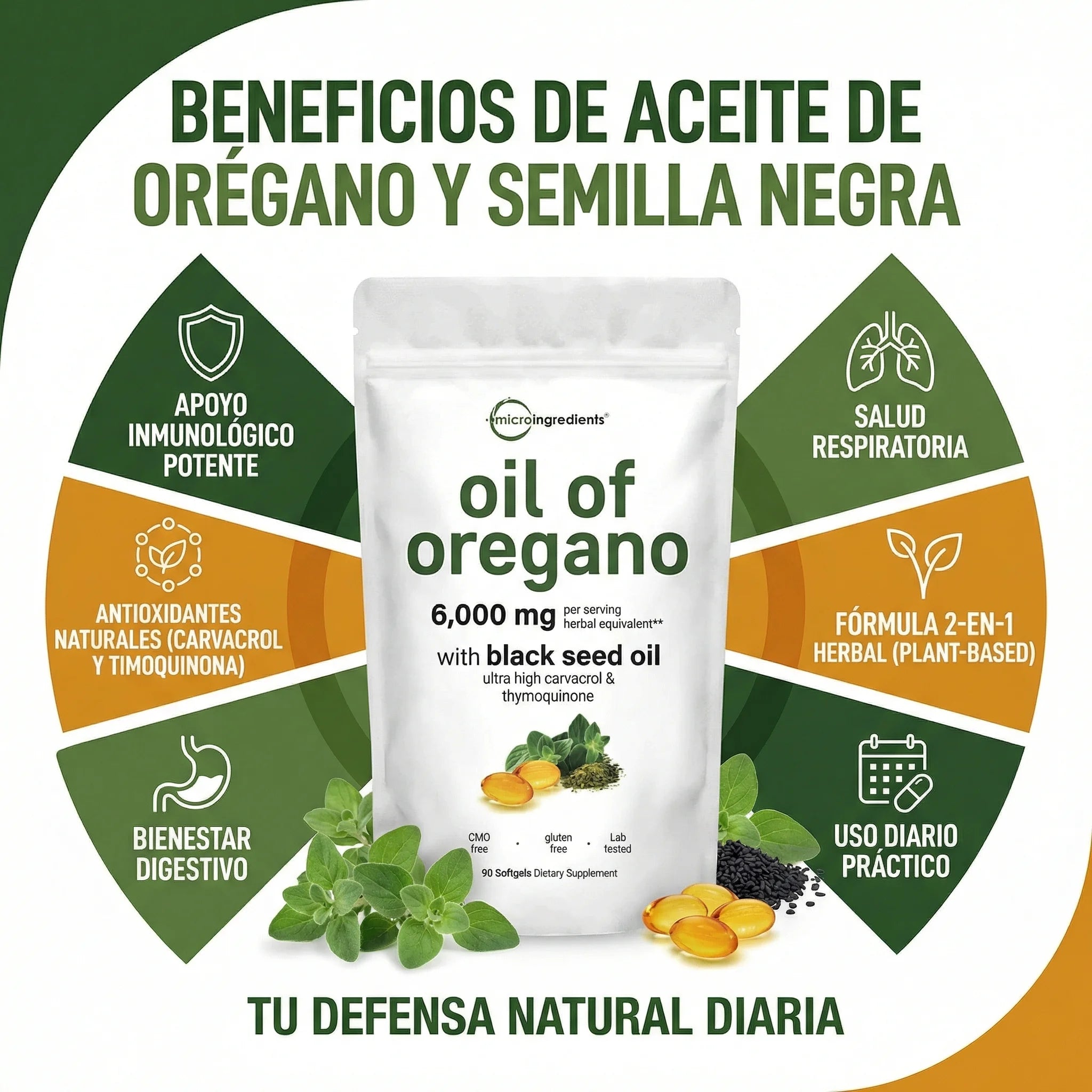 Oil of Oregano  Microingredients® Fórmula 2 en 1 y Defensa Antioxidante para el cuerpo, protejelo desde hoy, 90 Soft Capsulas