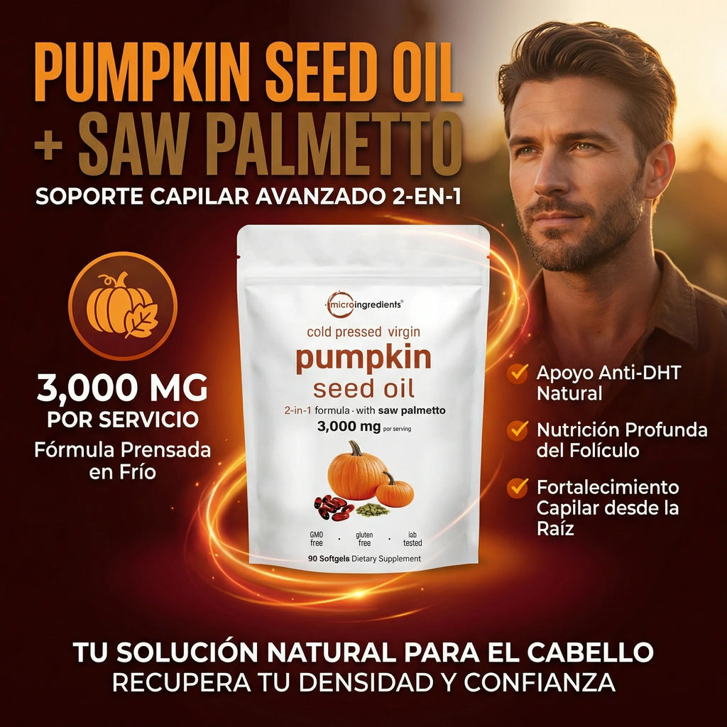 Pumpkin Seed Oil Microingredients®  3000 mg™ + Saw Palmetto Apoya tu Salud Prostática y fortalece tu cabello desde hoy.