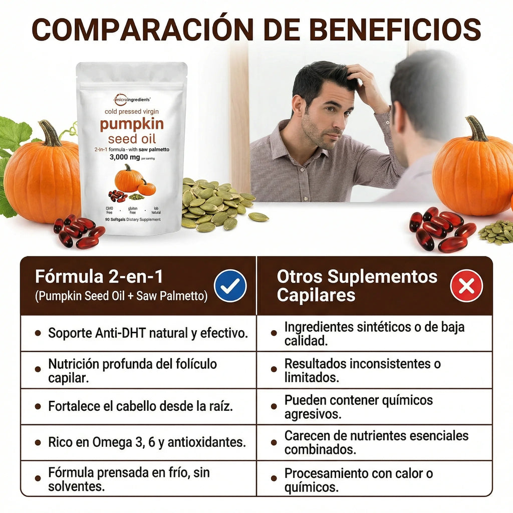 Pumpkin Seed Oil Microingredients®  3000 mg™ + Saw Palmetto Apoya tu Salud Prostática y fortalece tu cabello desde hoy.