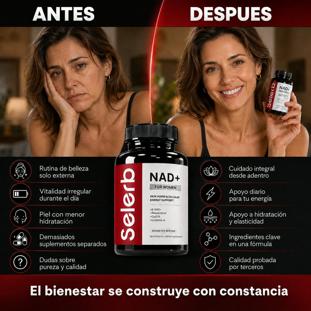 SELERB NAD+ Liposomal para Mujer - Energía Celular, Piel Radiante y Antienvejecimiento con CoQ10, Resveratrol y Colágeno - 60 Cápsulas