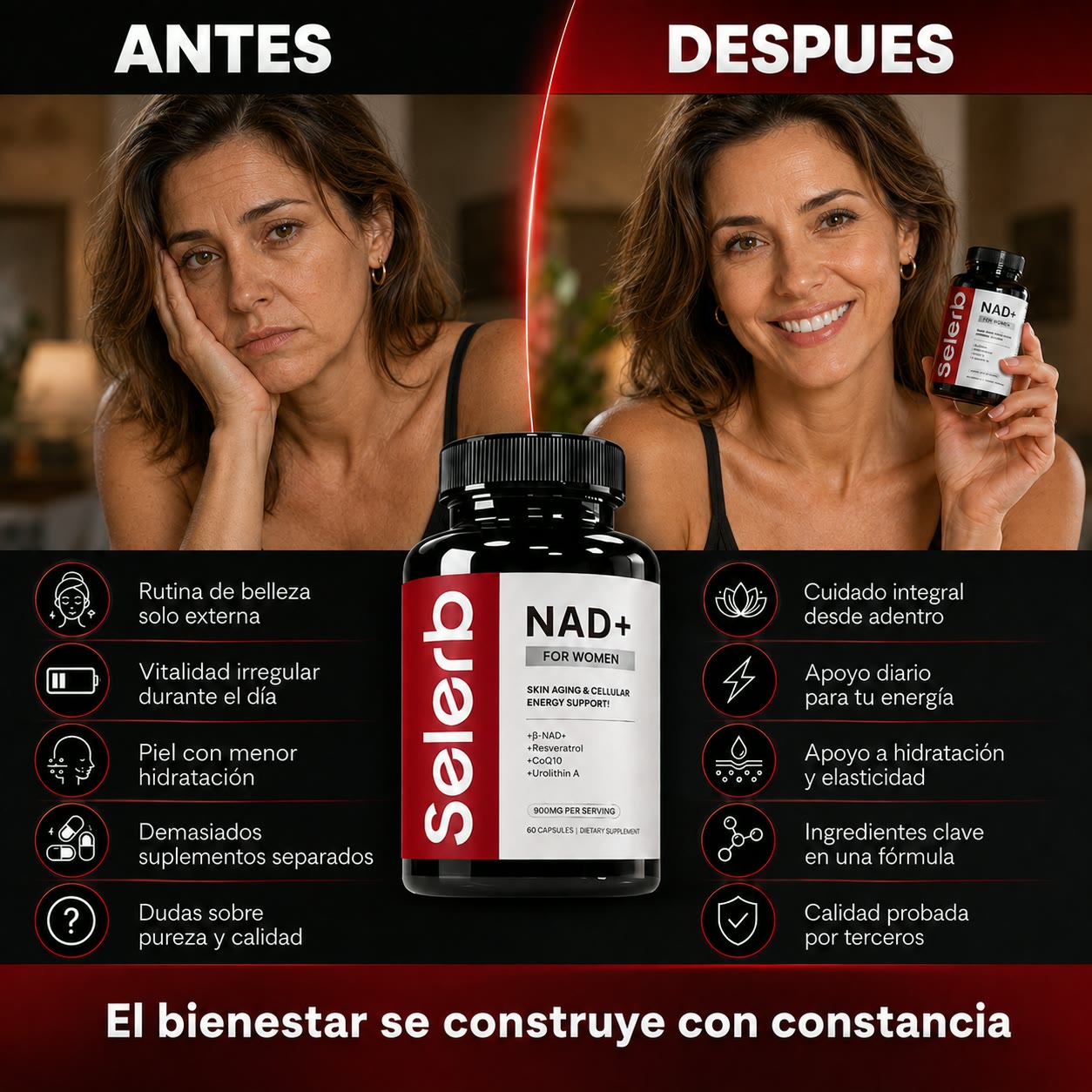 SELERB NAD+ Liposomal para Mujer - Energía Celular, Piel Radiante y Antienvejecimiento con CoQ10, Resveratrol y Colágeno - 60 Cápsulas