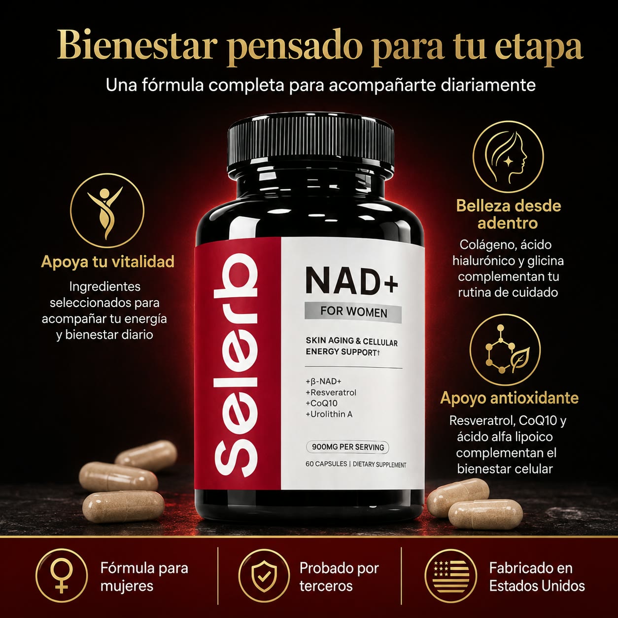 SELERB NAD+ Liposomal para Mujer - Energía Celular, Piel Radiante y Antienvejecimiento con CoQ10, Resveratrol y Colágeno - 60 Cápsulas