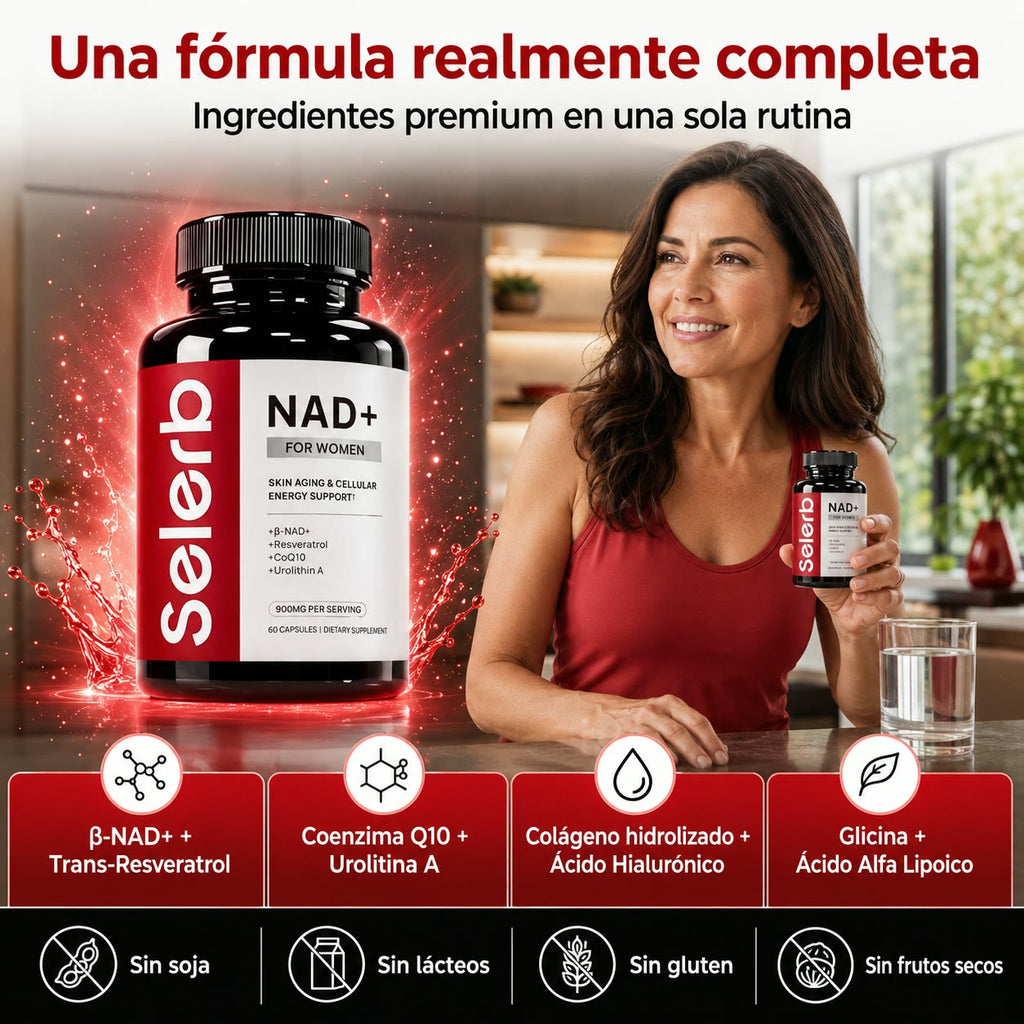 SELERB NAD+ Liposomal para Mujer - Energía Celular, Piel Radiante y Antienvejecimiento con CoQ10, Resveratrol y Colágeno - 60 Cápsulas