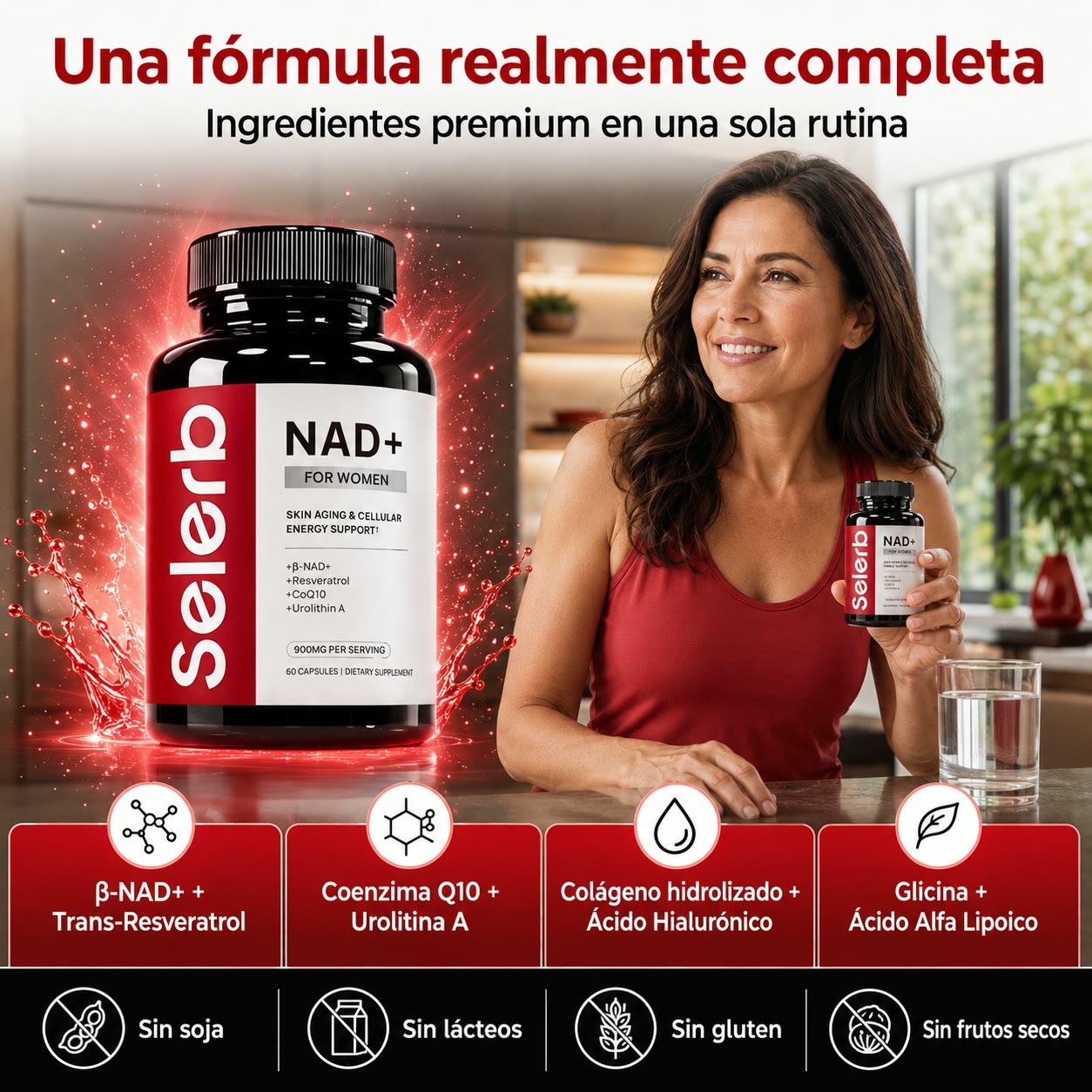 SELERB NAD+ Liposomal para Mujer - Energía Celular, Piel Radiante y Antienvejecimiento con CoQ10, Resveratrol y Colágeno - 60 Cápsulas
