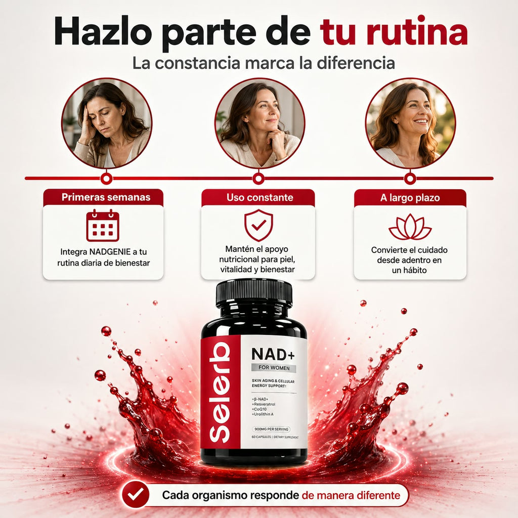 SELERB NAD+ Liposomal para Mujer - Energía Celular, Piel Radiante y Antienvejecimiento con CoQ10, Resveratrol y Colágeno - 60 Cápsulas