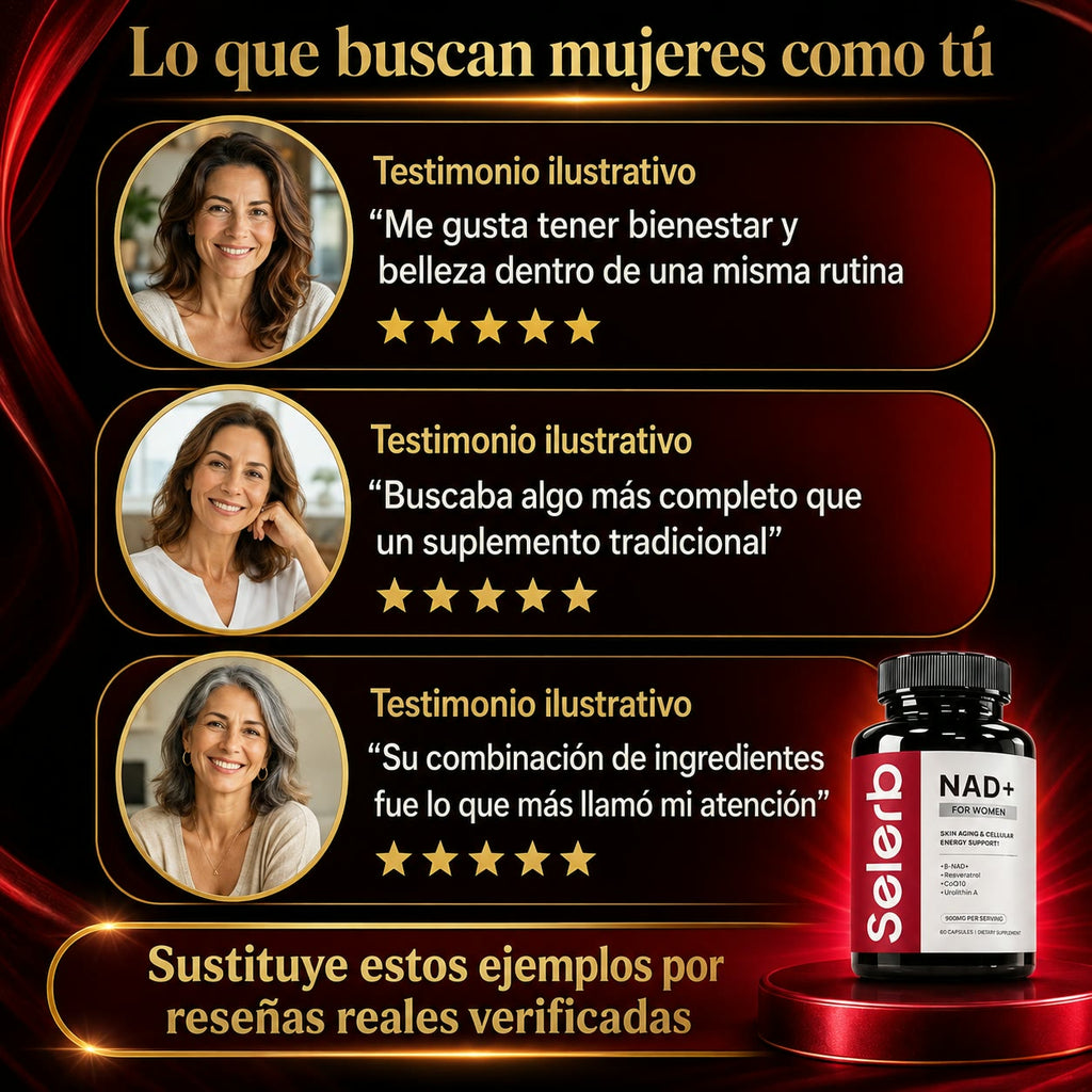 SELERB NAD+ Liposomal para Mujer - Energía Celular, Piel Radiante y Antienvejecimiento con CoQ10, Resveratrol y Colágeno - 60 Cápsulas