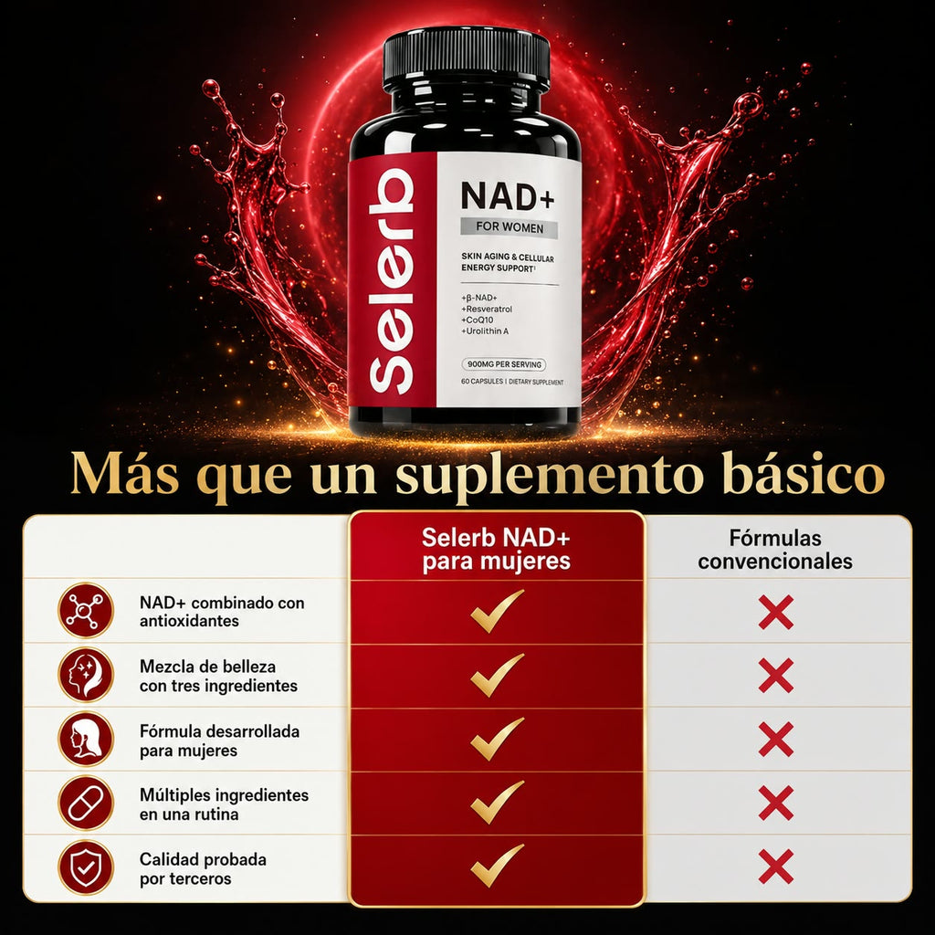 SELERB NAD+ Liposomal para Mujer - Energía Celular, Piel Radiante y Antienvejecimiento con CoQ10, Resveratrol y Colágeno - 60 Cápsulas