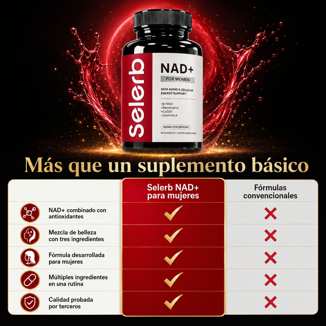 SELERB NAD+ Liposomal para Mujer - Energía Celular, Piel Radiante y Antienvejecimiento con CoQ10, Resveratrol y Colágeno - 60 Cápsulas