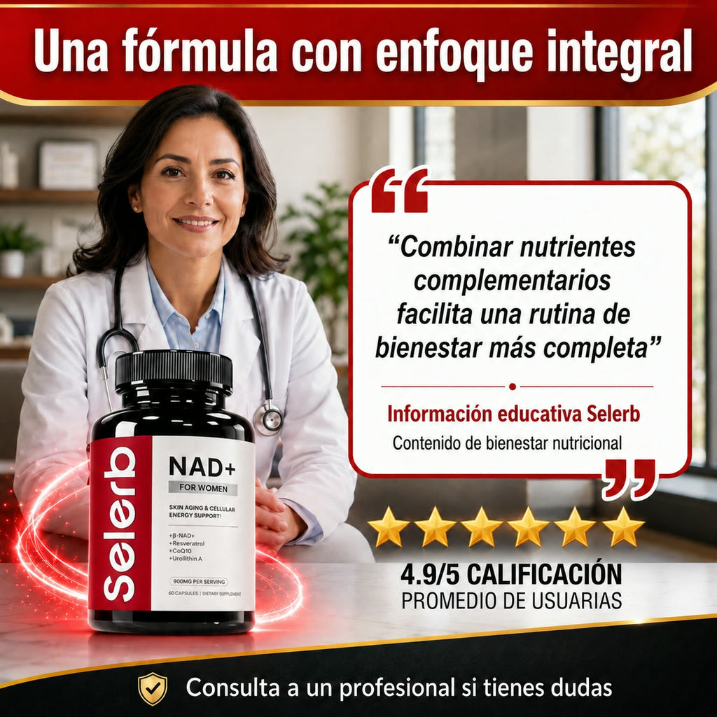 SELERB NAD+ Liposomal para Mujer - Energía Celular, Piel Radiante y Antienvejecimiento con CoQ10, Resveratrol y Colágeno - 60 Cápsulas