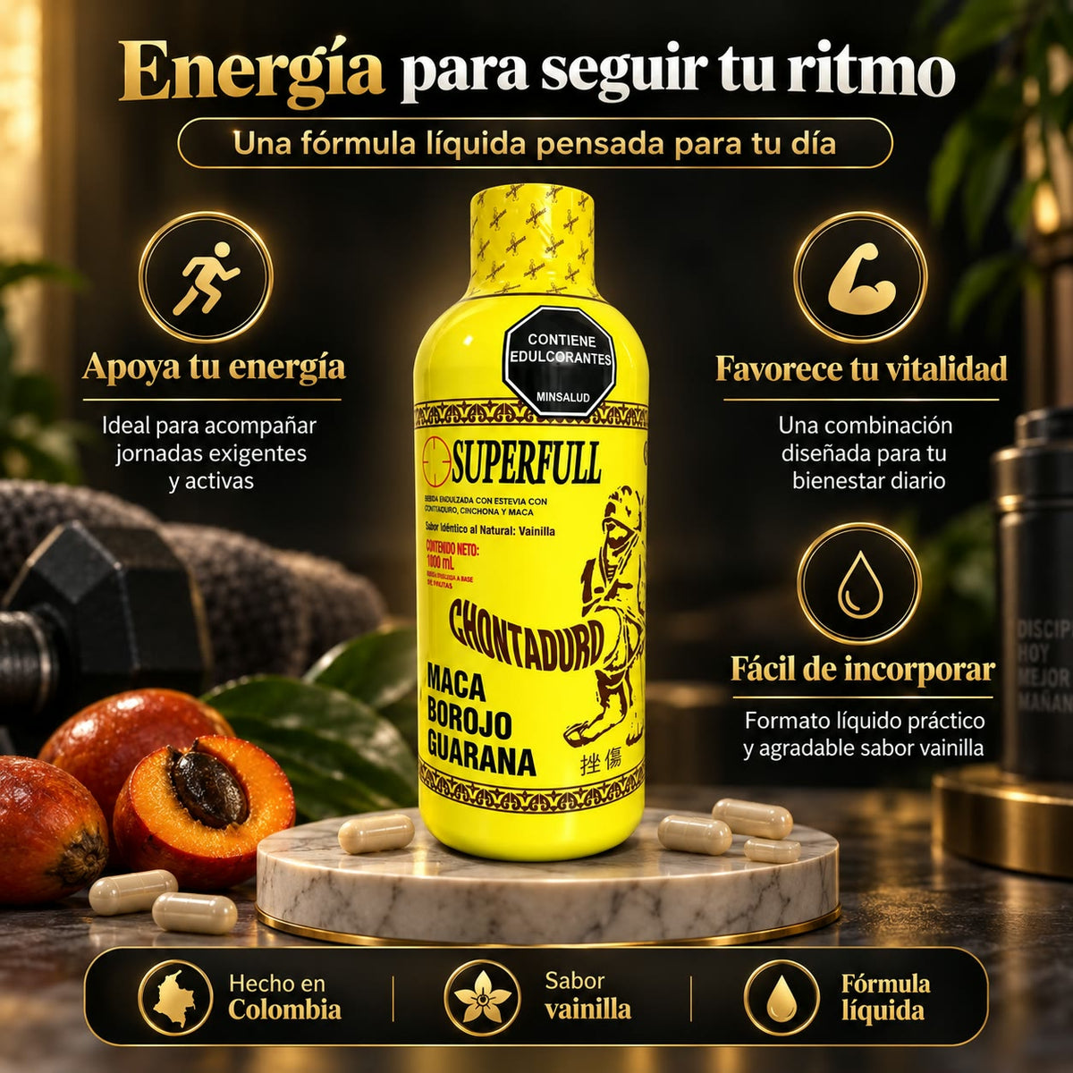SUPERFULL Chontaduro - Recupera tu Energía y Vitalidad con Maca, Borojó y Guaraná - Registro INVIMA - 1000 ml