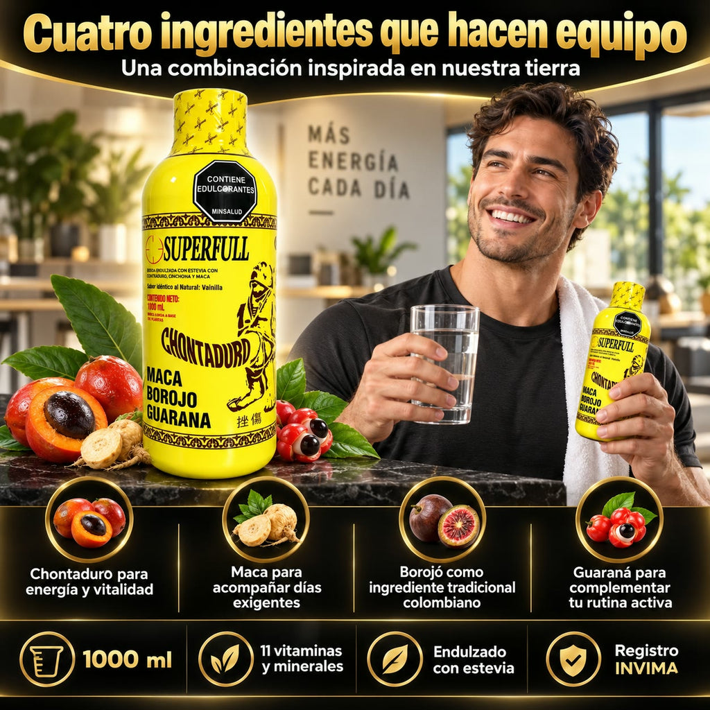 SUPERFULL Chontaduro - Recupera tu Energía y Vitalidad con Maca, Borojó y Guaraná - Registro INVIMA - 1000 ml