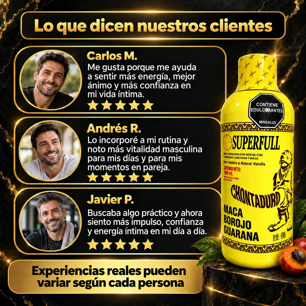 SUPERFULL Chontaduro - Recupera tu Energía y Vitalidad con Maca, Borojó y Guaraná - Registro INVIMA - 1000 ml