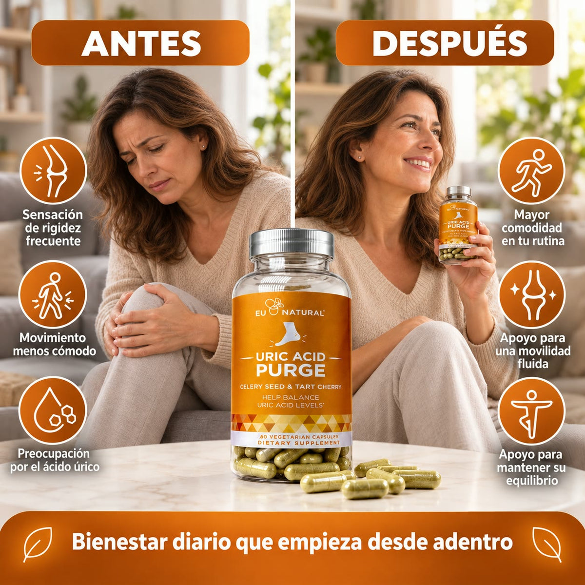 EU NATURAL Uric Acid Purge - Apoyo Natural para Equilibrar el Ácido Úrico y Cuidar tus Articulaciones - Celery Seed & Tart Cherry - 60 Cápsulas