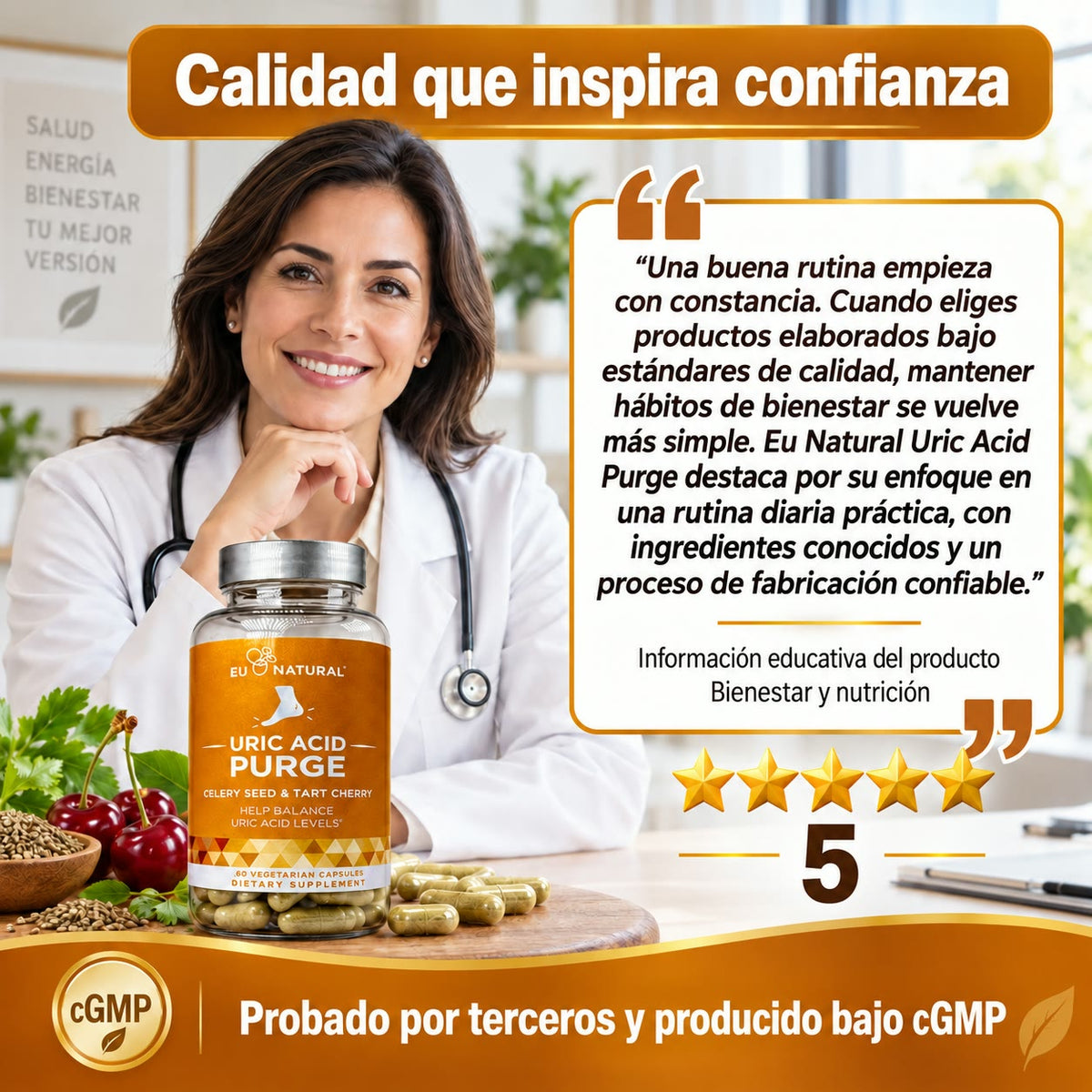 EU NATURAL Uric Acid Purge - Apoyo Natural para Equilibrar el Ácido Úrico y Cuidar tus Articulaciones - Celery Seed & Tart Cherry - 60 Cápsulas