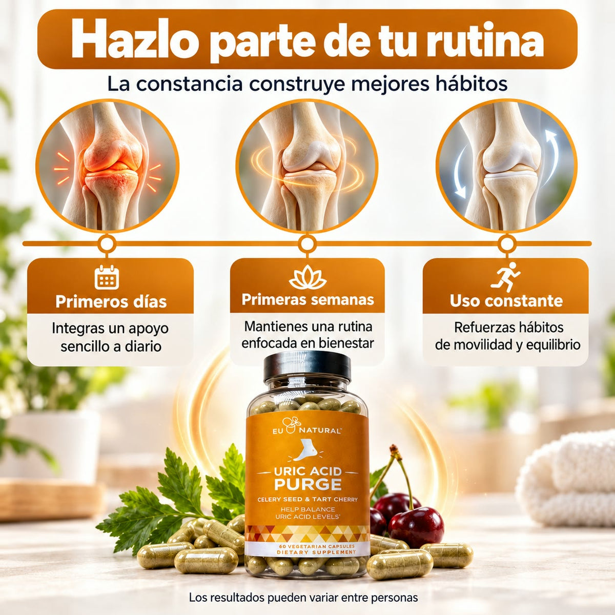 EU NATURAL Uric Acid Purge - Apoyo Natural para Equilibrar el Ácido Úrico y Cuidar tus Articulaciones - Celery Seed & Tart Cherry - 60 Cápsulas