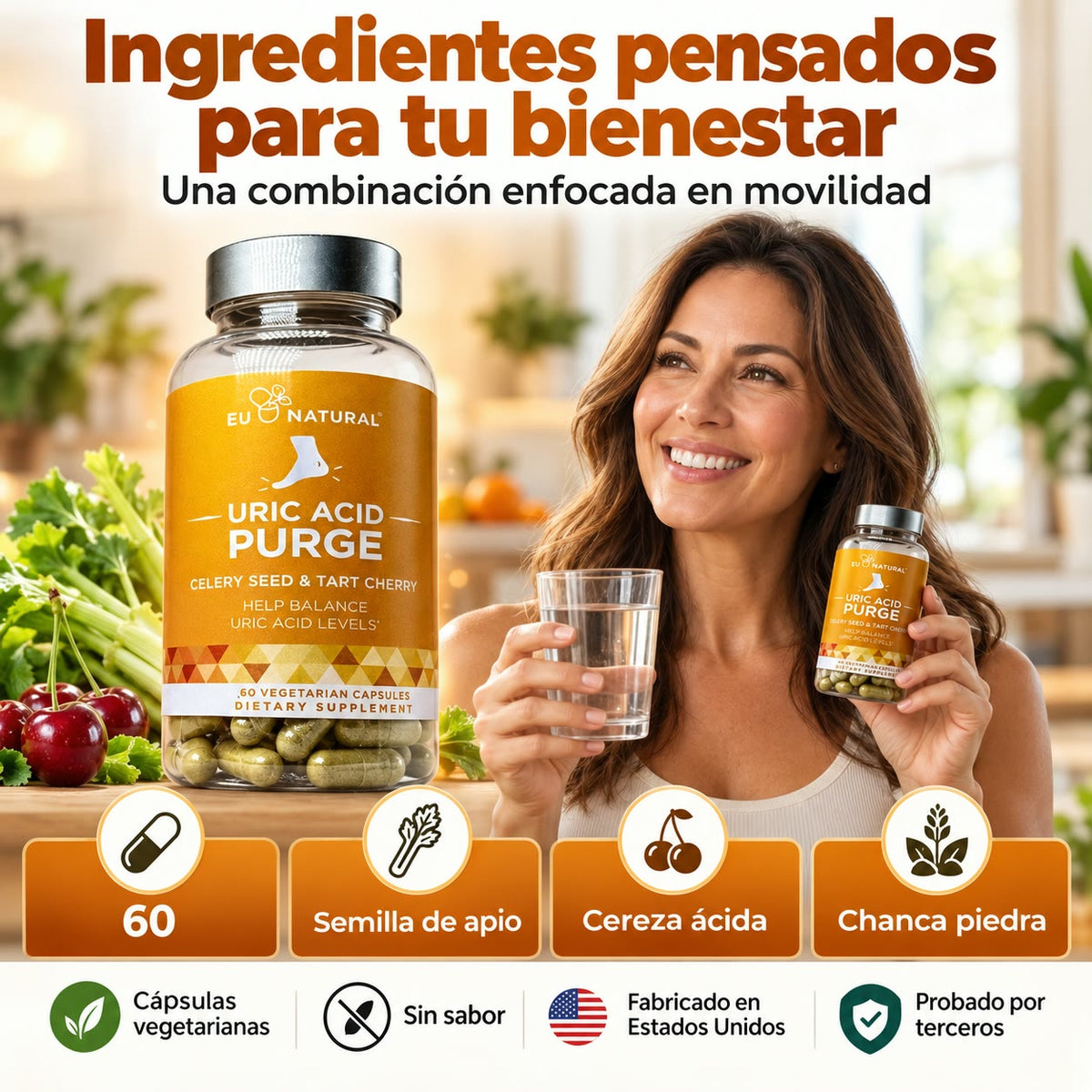 EU NATURAL Uric Acid Purge - Apoyo Natural para Equilibrar el Ácido Úrico y Cuidar tus Articulaciones - Celery Seed & Tart Cherry - 60 Cápsulas
