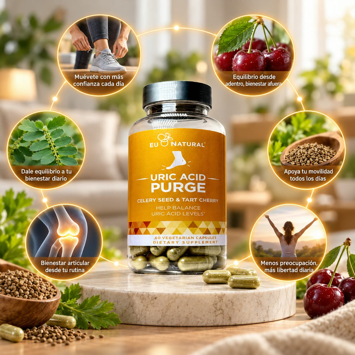 EU NATURAL Uric Acid Purge - Apoyo Natural para Equilibrar el Ácido Úrico y Cuidar tus Articulaciones - Celery Seed & Tart Cherry - 60 Cápsulas