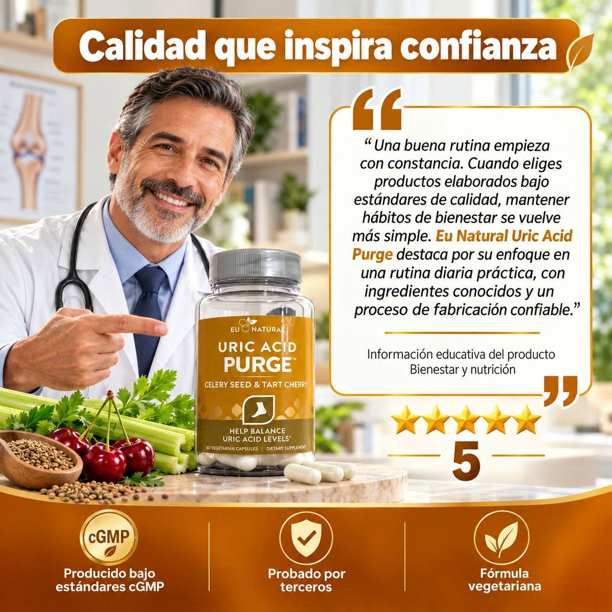 -EU NATURAL Uric Acid Purge - Apoyo Natural para Equilibrar el Ácido Úrico y Cuidar tus Articulaciones - Celery Seed & Tart Cherry - 60 Cápsulas