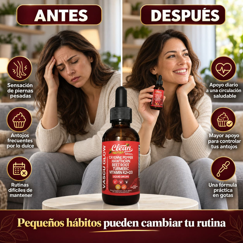 CLEAN NUTRACEUTICALS Vascu Glow - Gotas para Reducir el Antojo por el Dulce y Mejorar tu Circulación - Cayenne, Hawthorn, Beet Root y K2+D3 - 60 ml