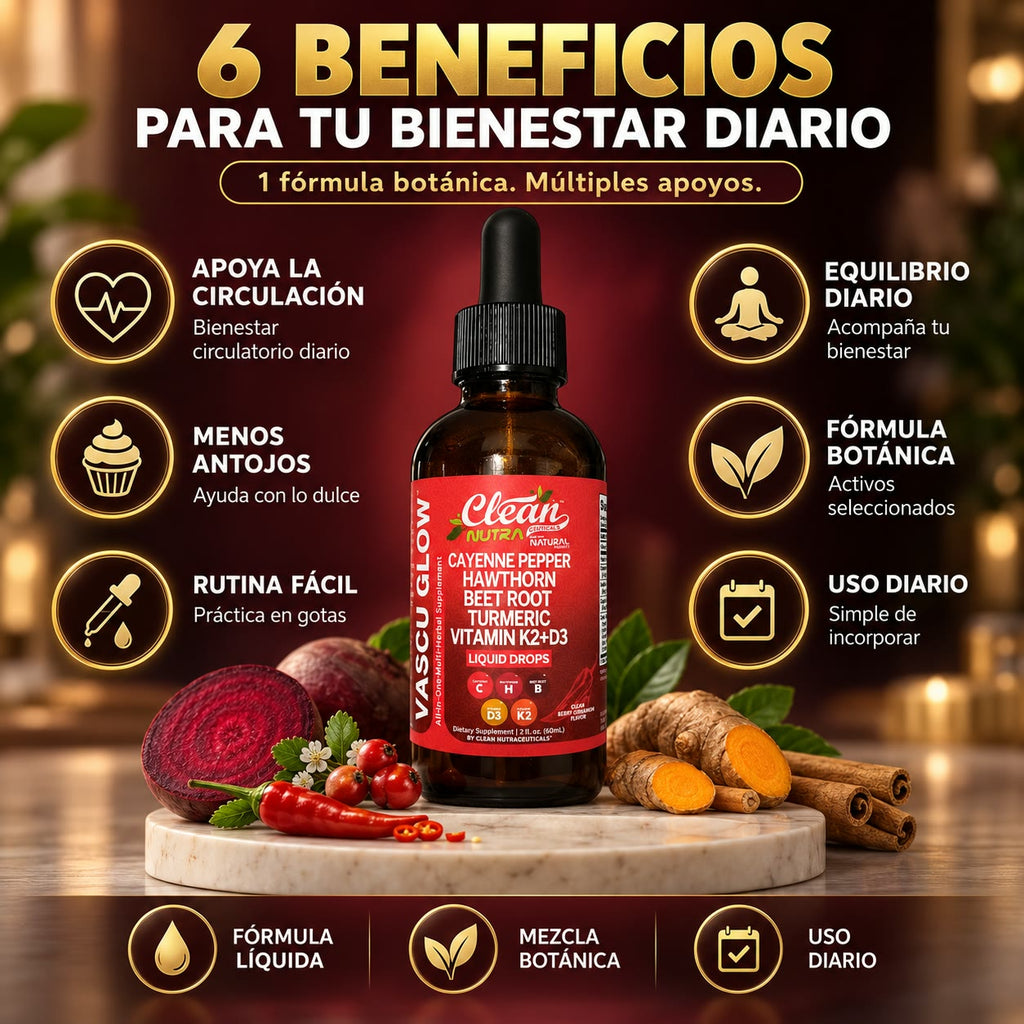 CLEAN NUTRACEUTICALS Vascu Glow - Gotas para Reducir el Antojo por el Dulce y Mejorar tu Circulación - Cayenne, Hawthorn, Beet Root y K2+D3 - 60 ml