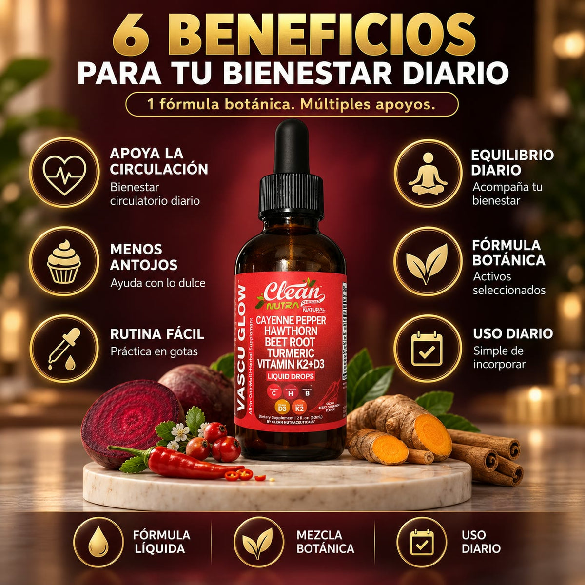 CLEAN NUTRACEUTICALS Vascu Glow - Gotas para Reducir el Antojo por el Dulce y Mejorar tu Circulación - Cayenne, Hawthorn, Beet Root y K2+D3 - 60 ml