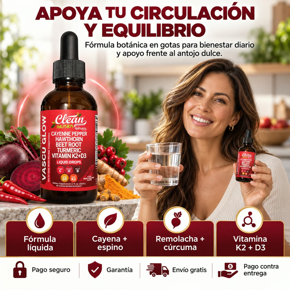 CLEAN NUTRACEUTICALS Vascu Glow - Gotas para Reducir el Antojo por el Dulce y Mejorar tu Circulación - Cayenne, Hawthorn, Beet Root y K2+D3 - 60 ml
