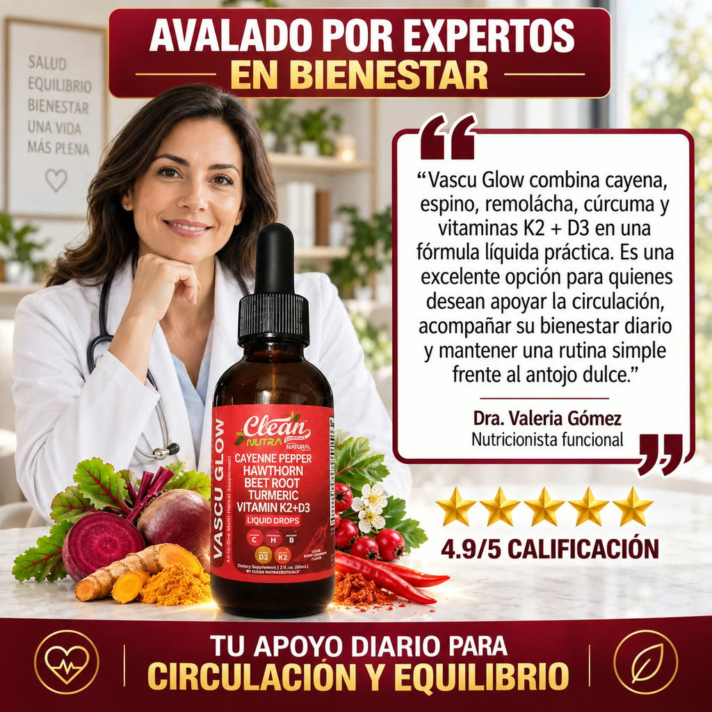 CLEAN NUTRACEUTICALS Vascu Glow - Gotas para Reducir el Antojo por el Dulce y Mejorar tu Circulación - Cayenne, Hawthorn, Beet Root y K2+D3 - 60 ml