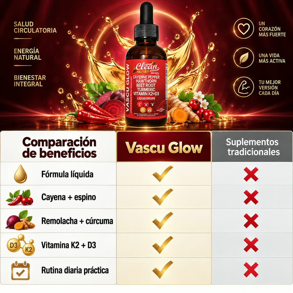 CLEAN NUTRACEUTICALS Vascu Glow - Gotas para Reducir el Antojo por el Dulce y Mejorar tu Circulación - Cayenne, Hawthorn, Beet Root y K2+D3 - 60 ml