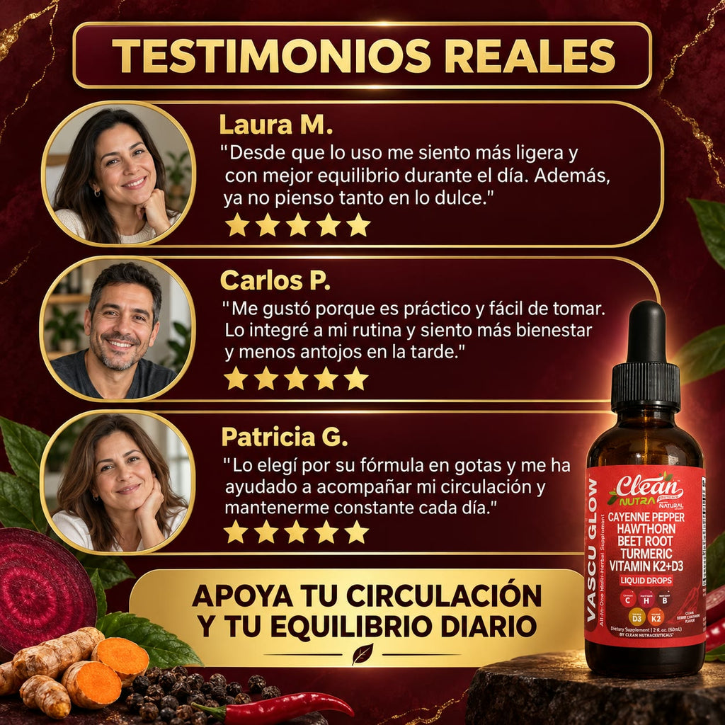 CLEAN NUTRACEUTICALS Vascu Glow - Gotas para Reducir el Antojo por el Dulce y Mejorar tu Circulación - Cayenne, Hawthorn, Beet Root y K2+D3 - 60 ml
