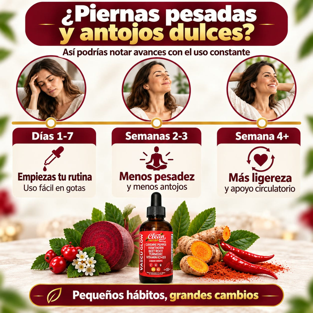 CLEAN NUTRACEUTICALS Vascu Glow - Gotas para Reducir el Antojo por el Dulce y Mejorar tu Circulación - Cayenne, Hawthorn, Beet Root y K2+D3 - 60 ml