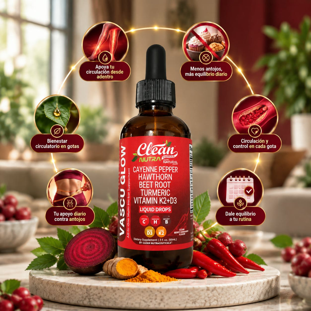 CLEAN NUTRACEUTICALS Vascu Glow - Gotas para Reducir el Antojo por el Dulce y Mejorar tu Circulación - Cayenne, Hawthorn, Beet Root y K2+D3 - 60 ml